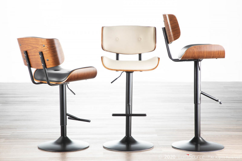 LumiSource Lombardi Faux Leather Mid-Century Modern Adjustable Barstool - Walnut/Cream