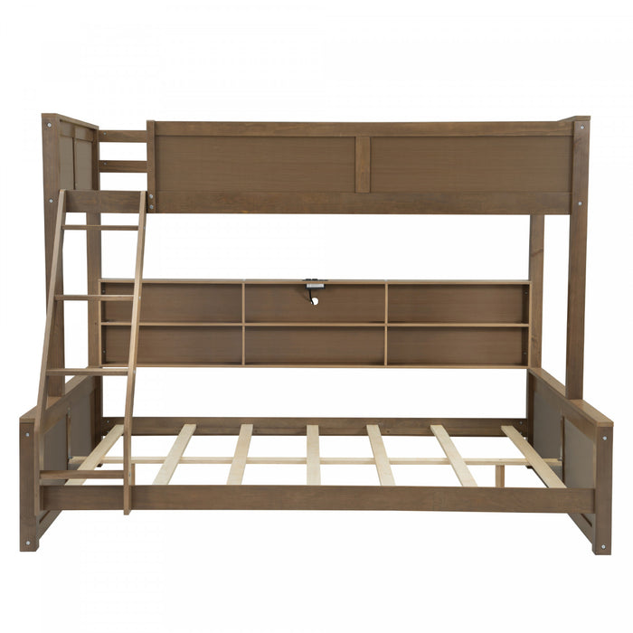 Liam Solid Wood Twin XL Over Queen Bunk Bed with Storage & USB Ports, Brown