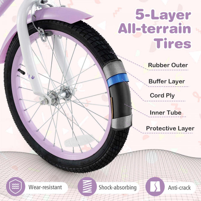 Costway 18\" Girl Bike With Basket Detachable Training Wheels Adjustable Seat Handbrake Coaster Brake Purple