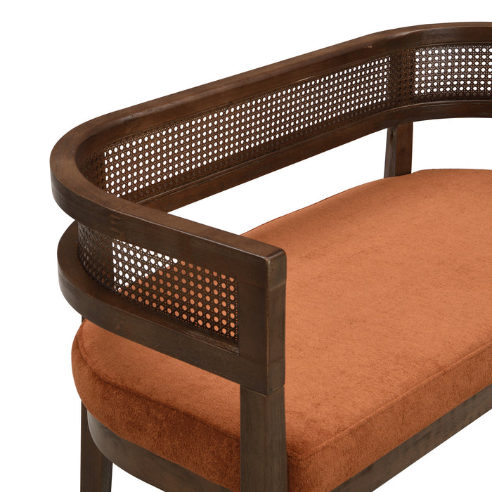 Rattan 47.5 Inch Rattan Upholstered Loveseat with Hand-Woven Backrest, Dark Orange, Walnut