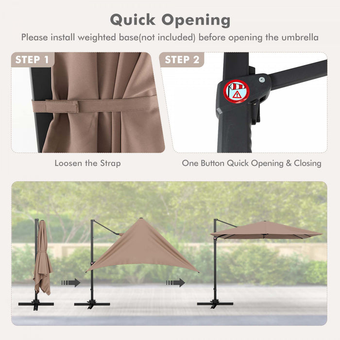 Costway Patio 9.5FT Square Cantilever Offset Hanging Umbrella 2-Tier 360° Outdoor Coffee