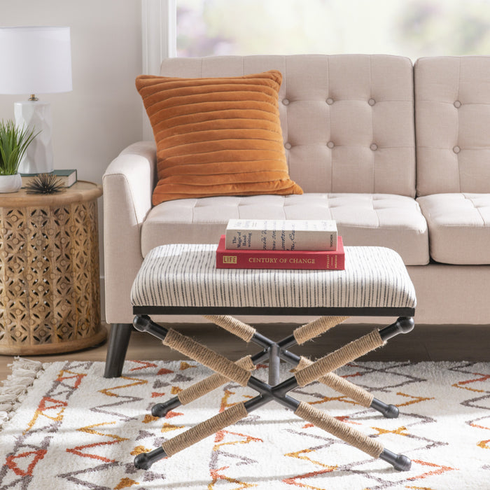 Ashburn Campaign Fabric Accent Striped Ottoman - Black