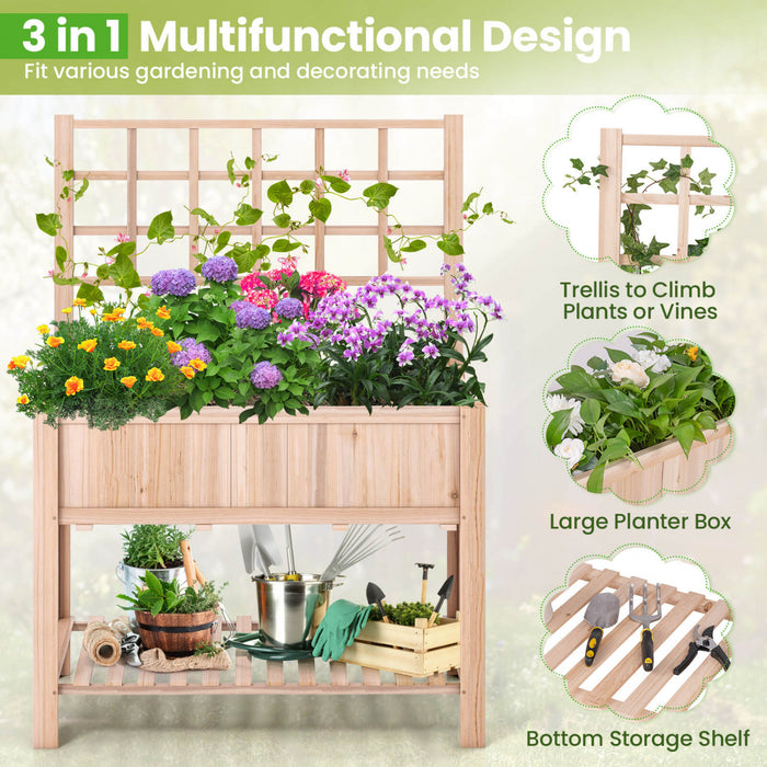 Costway Raised Garden Bed Elevated Wooden Planter Box W/ Trellis & Open Storage Shelf