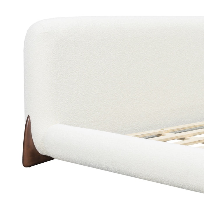 Emma Low Profile Platform Bed Frame with Curved Headboard and Boucle Upholstery, King Size,Cream White King Bed