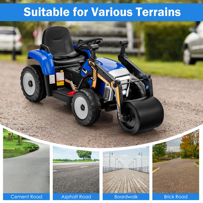 Costway Kids Ride On Road Roller 12v Electric Tractor Remote W/ Music & Led Light Blue