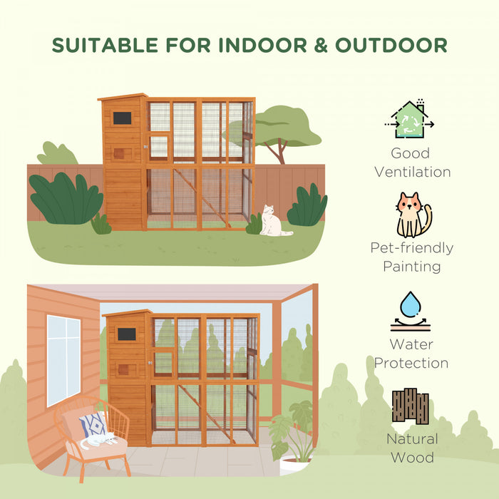 Pawhut Large Catio Outdoor Cat Enclosure Weatherproof Cat House With Cat Condo, Indoor Wooden Cat Cage Pet Kennel, 77\"l X 38\"w X 69\"h