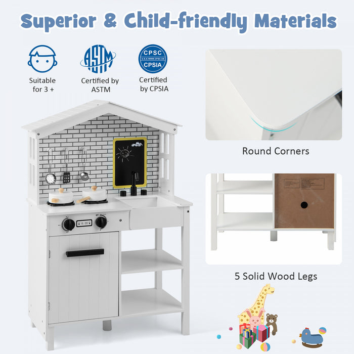 Costway Kids Farmhouse Kitchen Play Set Wooden Pretend Toy With Storage & Accessories