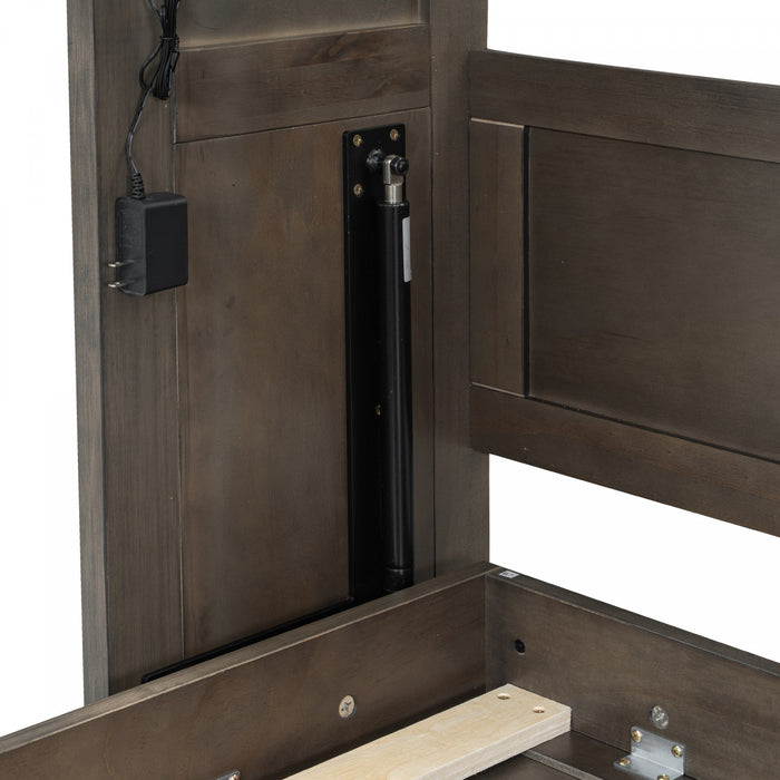 Olivia Solid Wood Murphy Bed with LED Light and Foldable Cabinet,Twin Size,Brown Twin Bed
