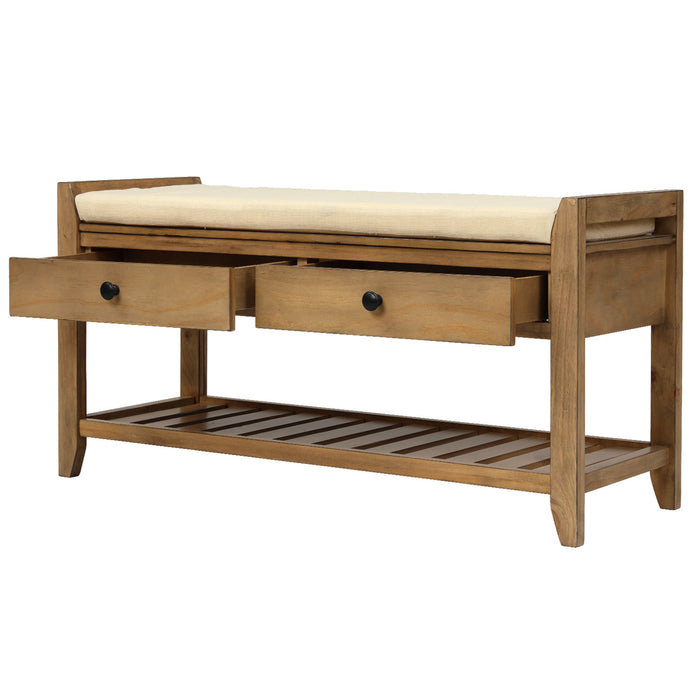 Stephanie Pine Wood Shoe Rack Bench With Cushioned Seat With Storage Drawers - Old Pine