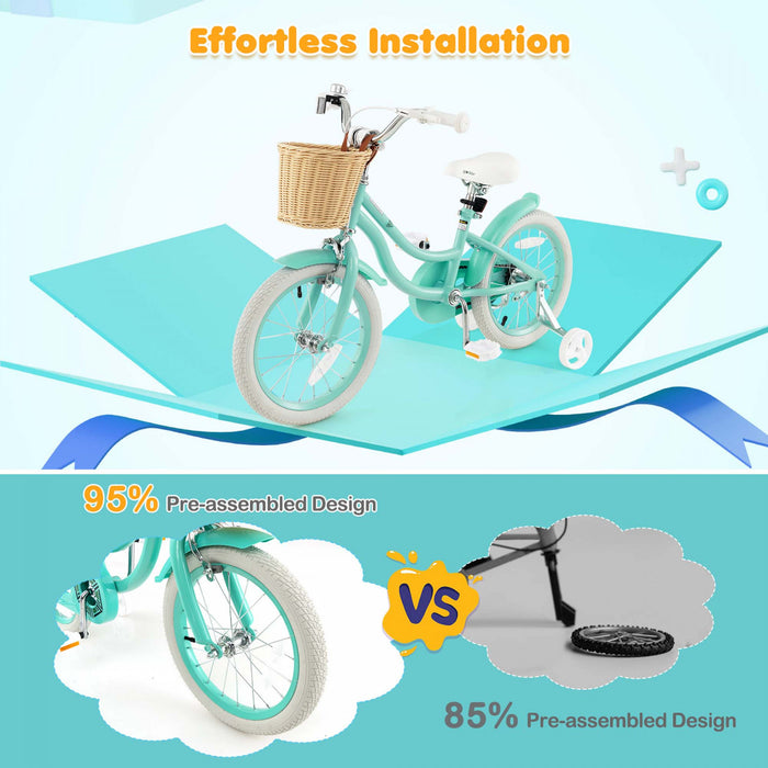 Prorider 16\" Kid's Bike With Training Wheels Adjustable Handlebar Seat Handbrake Green