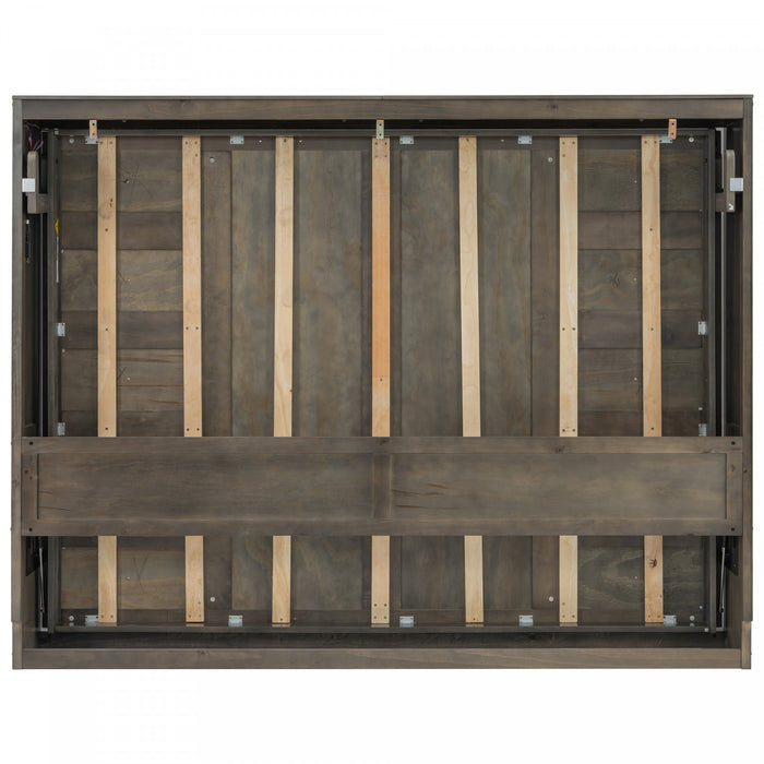 Olivia Solid Wood Murphy Bed with LED Light and Foldable Cabinet,Full Size,Brown Full Bed