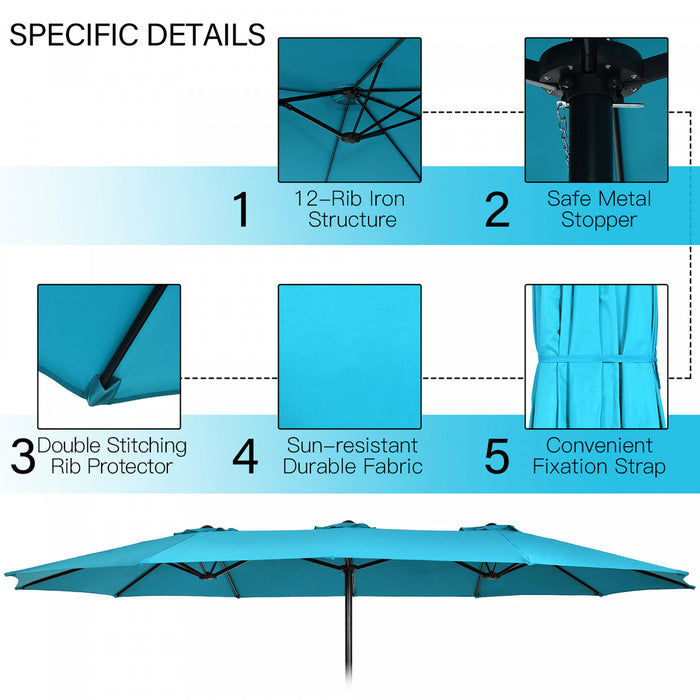 Costway 15FT Double-Sided Twin Patio Umbrella Outdoor Market W/ Crank & Base Turquoise