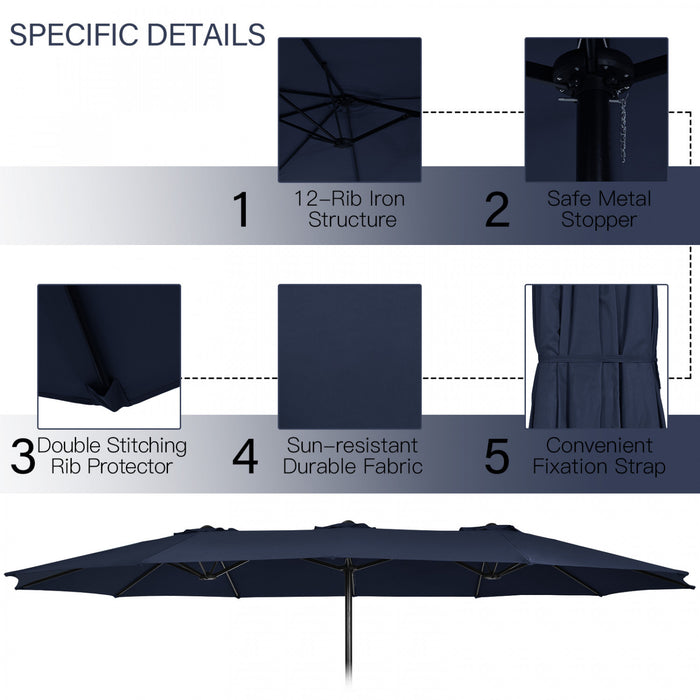 Costway 15FT Double-Sided Twin Patio Umbrella Sun Shade Outdoor Crank Market Base Navy