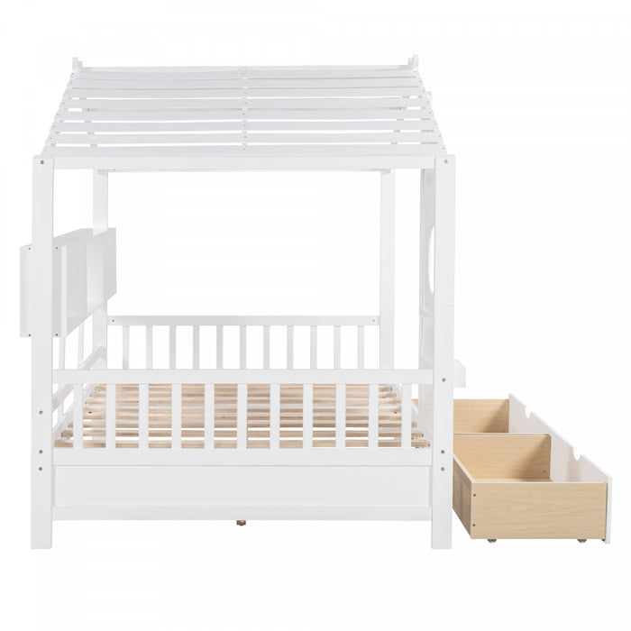 Jeames Wood House Bed with 2 Storage Drawers and Shelf, Full Size - White