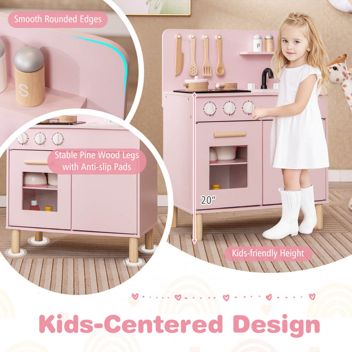 Costway Kids Kitchen Playset With Light Up Stove & Cooking Sounds Oven Sink Faucet Pink