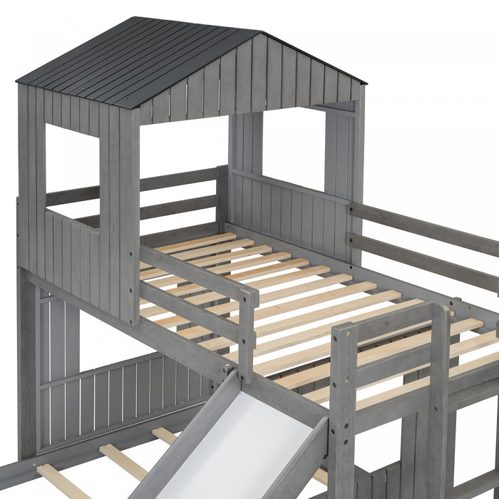 Marico Twin Over Solid Wood Full Bunk Bed With Slide, Playhouse Design, Antique Grey