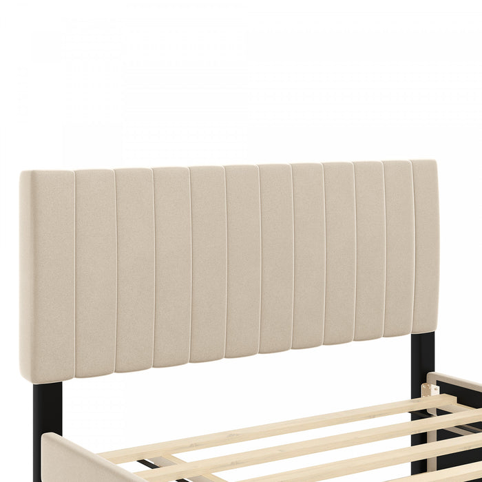 Ethan Space-Saving Velvet Upholstered Platform Bed with Trundle,Full Size,Beige Full Bed