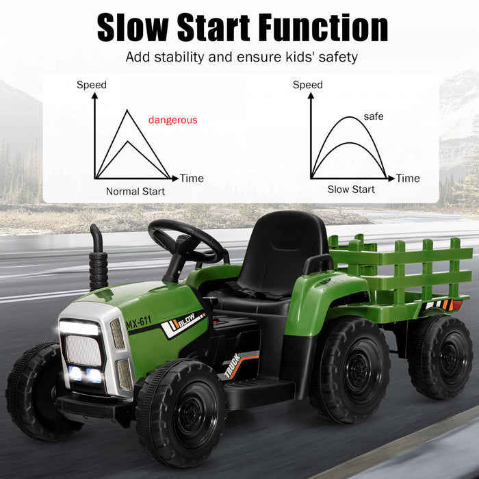 Costway 12v Kids Ride On Tractor With Trailer Ground Loader W/ Rc & Lights Dark Green