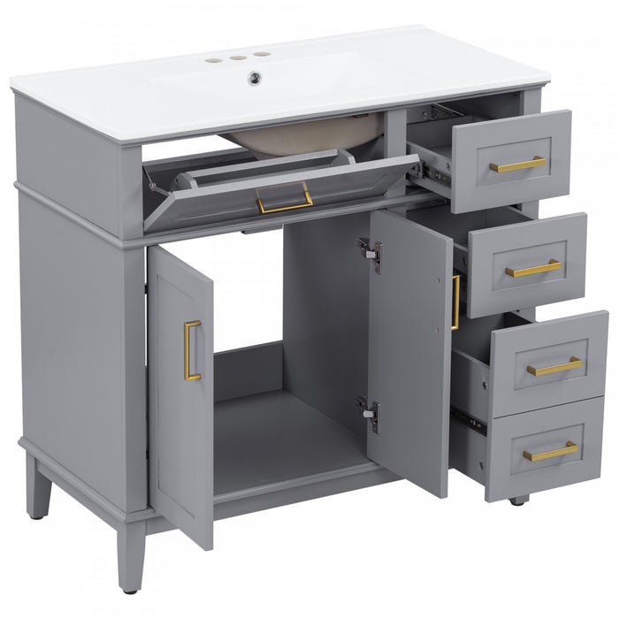Ethan Solid Wood Bathroom Vanity with Ceramic Sink and Smart Storage, Grey