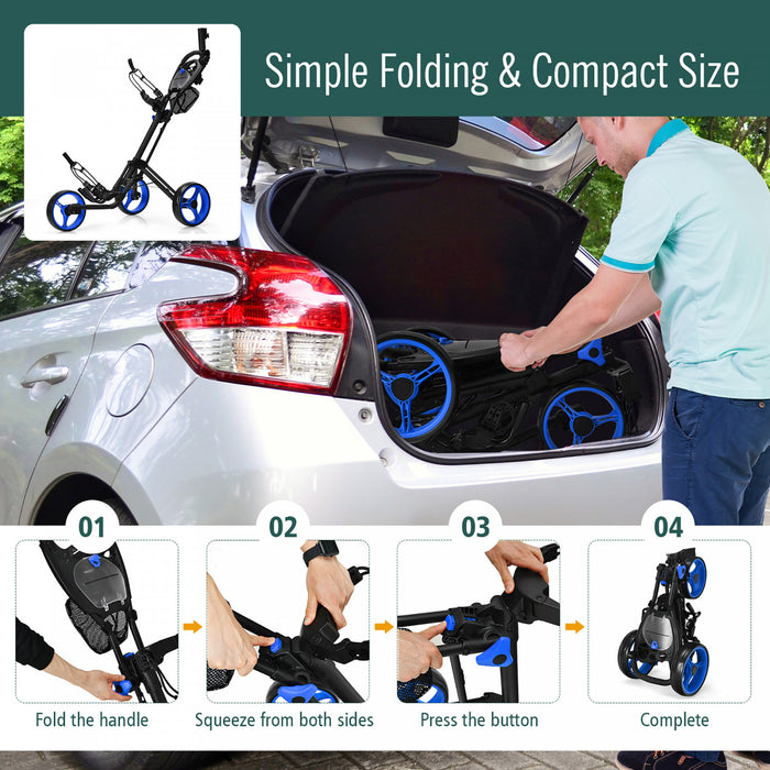 Goplus Folding 3 Wheels Golf Push Cart W/brake Scoreboard Adjustable Handle Blue