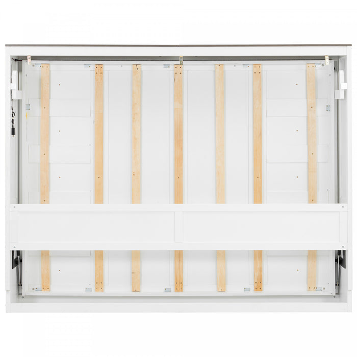 Olivia Solid Wood Murphy Bed with LED Light and Foldable Cabinet,Queen Size,White Queen Bed