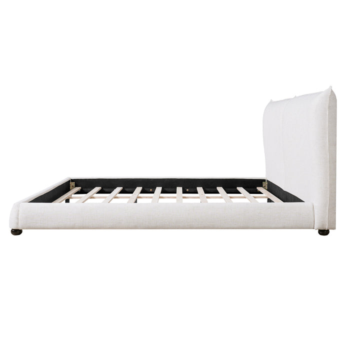 Mason Linen Blend Upholstered Platform Bed Pillow-Back Headboard,King Size,White King Bed