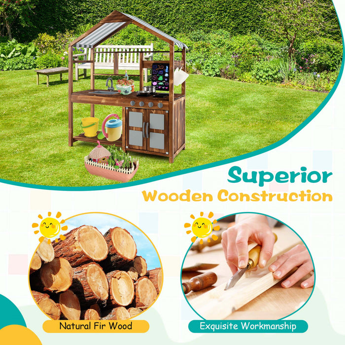 Costway Wooden Mud Kitchen With Chalkboard, Stoves, Removable Sink & Accessories Natural