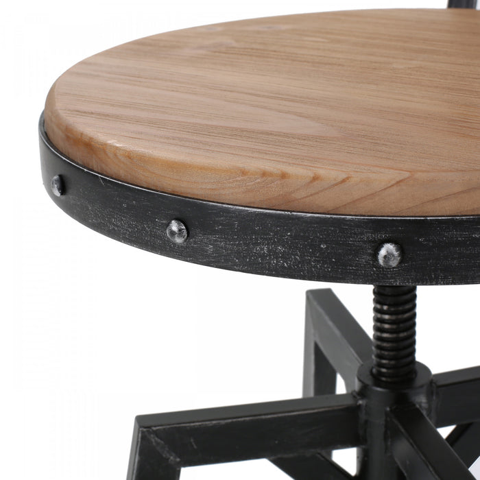 Denise Bar Stool With Swivel & Adjustable Wood Seat, Metal Frame - Antique Black