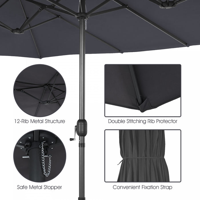 Costway 15FT Double-Sided Twin Patio Umbrella Sun Shade Outdoor Crank Market Base Grey