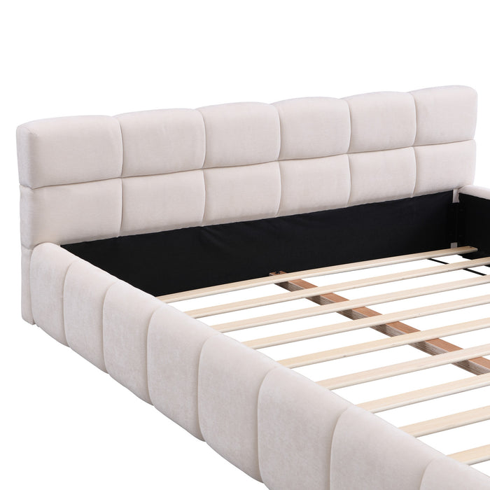 Eleanor Elegant Chenille Upholstered Bed with Checkerboard Design,Queen Size,Beige Queen Bed