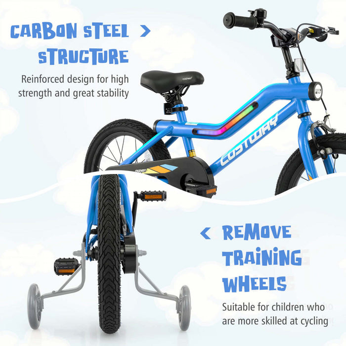 Costway 16\" Led Lighted Kids Bike With Adjustable Seat Coaster Brake Training Wheels Blue