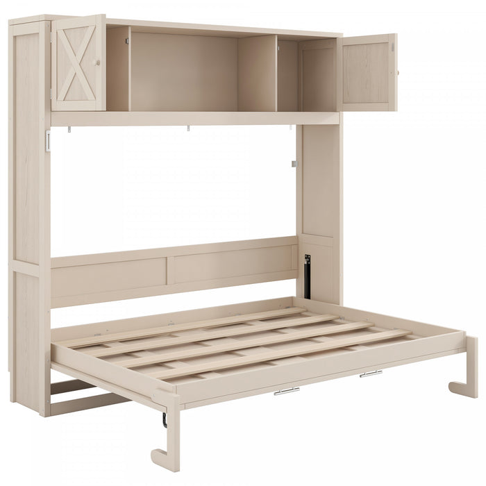 Ethan Solid Wood Murphy Bed with Storage Cabinets,Full Size,Beige Full Bed