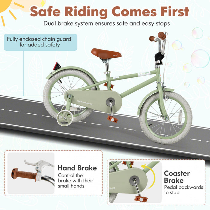 Costway 16\" Kids Bike With Adjustable Saddle Handlebar Removable Training Wheels Handbrake Green