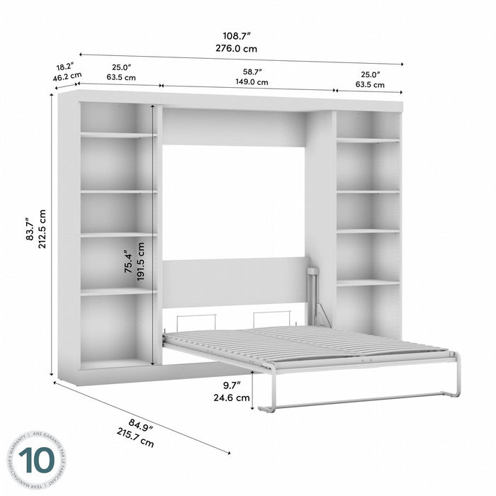 Bestar Pur Full Murphy Bed with Two Shelving Units 109-Inch Wall Bed - White