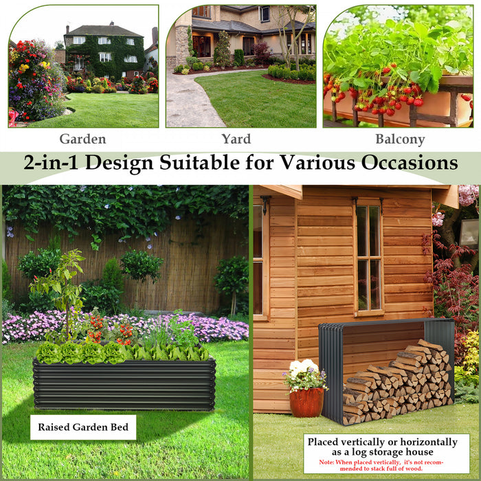 Costway 2 Pcs Galvanized Raised Garden Bed Outdoor Planter Box Firewood Rack Log Holder