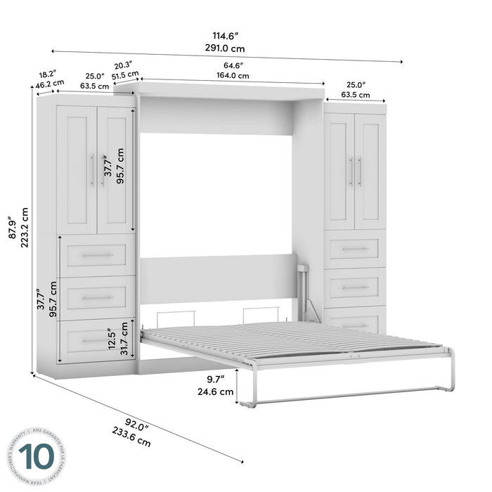 Bestar Pur Queen Murphy Bed with Closet Storage Cabinets (115 W) - White
