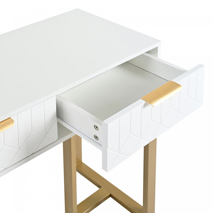 Horizon Modern Console Table with Geometric Drawers and Gold Frame, White/Gold