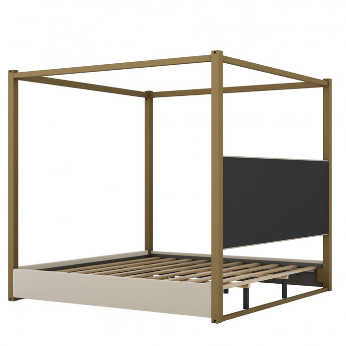 Sophia Upholstery Canopy Platform Bed with Foam Headboard and Velvet,King Size,Beige King Bed