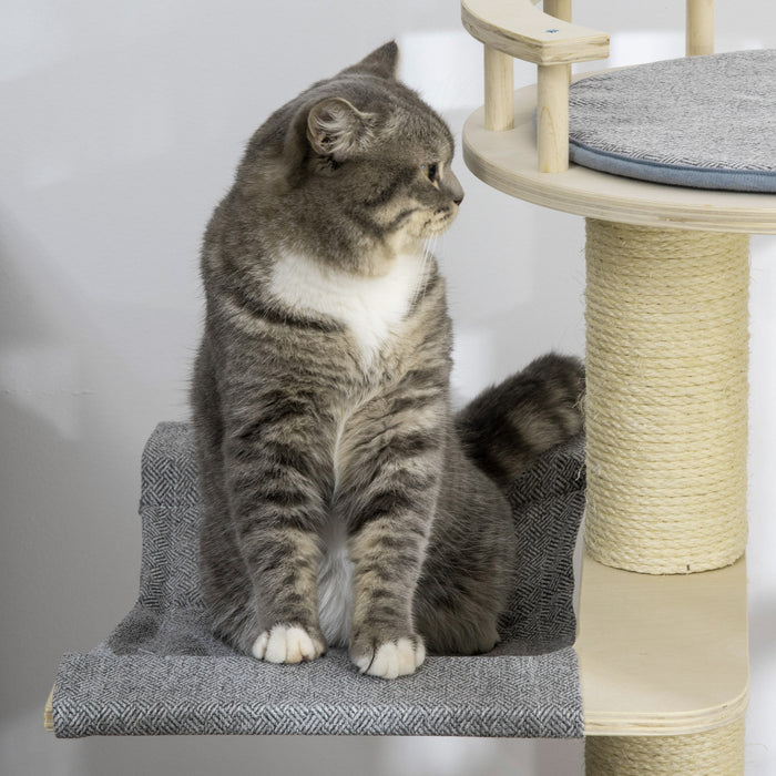 Pawhut 35\" Cat Tree, Kitty Activity Centre, Wooden Cat Climbing Toy, Cat Tower With Cat Bed Hammock Condo Washable Cushion Hanging Ball Toy Sisal Scratching Post, Natural