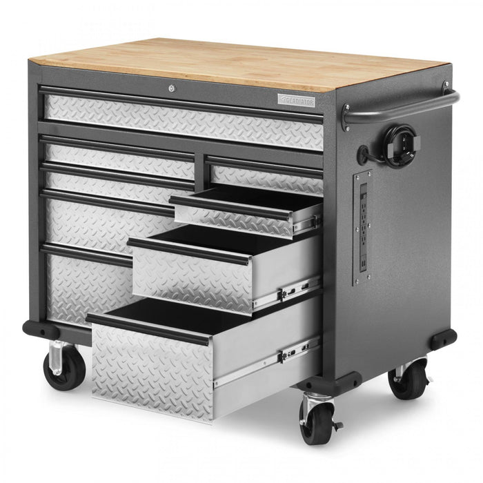 Gladiator Premier 41\" 9-Drawer Mobile Tool Workbench with Solid Wood Top - Silver Tread