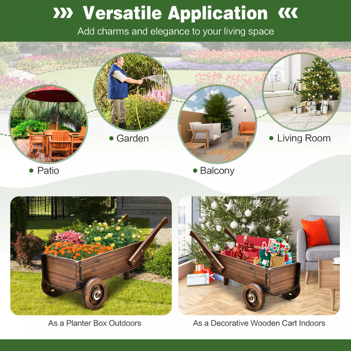 Costway Decorative Wagon Cart Plant Flower Pot Stand Wooden Raised Garden Planter Box