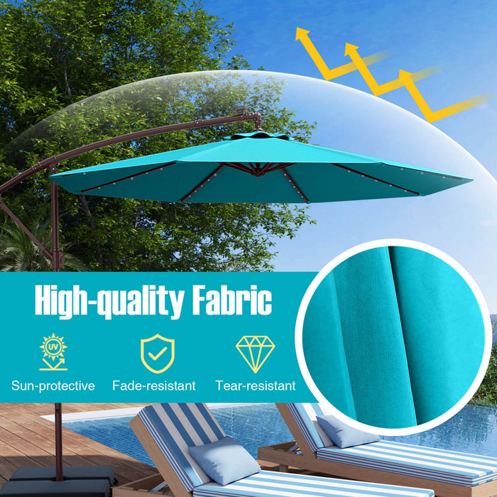 Costway Patio 10FT Hanging Offset Umbrella 32 LED Lights Sand Bag Outdoor Cross Base Turquoise
