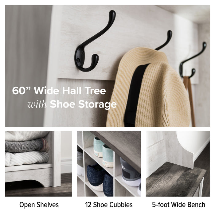 Rustic Ridge Farmhouse Entryway Storage Cabinet with Shoe Cubbies & Coat Hooks - Washed White