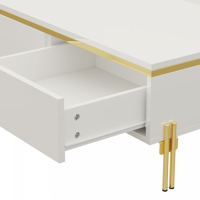 Lustra 39.4 Inch Modern High-Gloss Coffee Table with Dual Drawers and Gold Accents, White