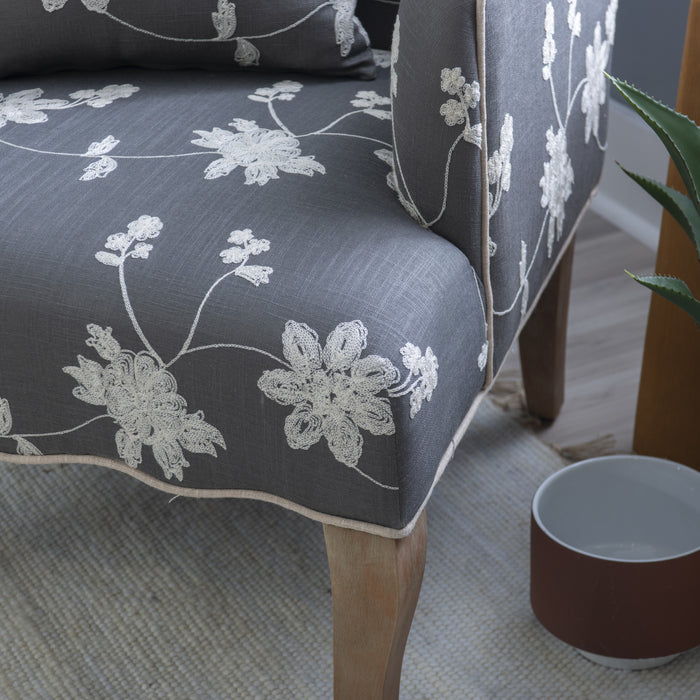 Kenna Embroidered Linen-Look Fabric Floral  Accent Chair - Grey