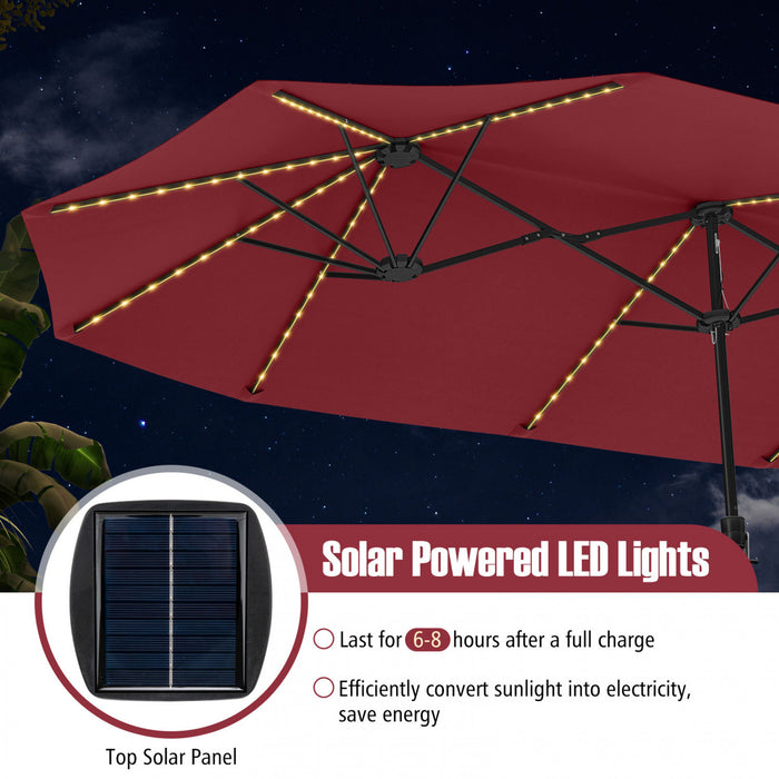 Costway 15.5 FT Extra-Large Patio Umbrella with LED Solar Lights & 12 Heavy-Duty Ribs Red
