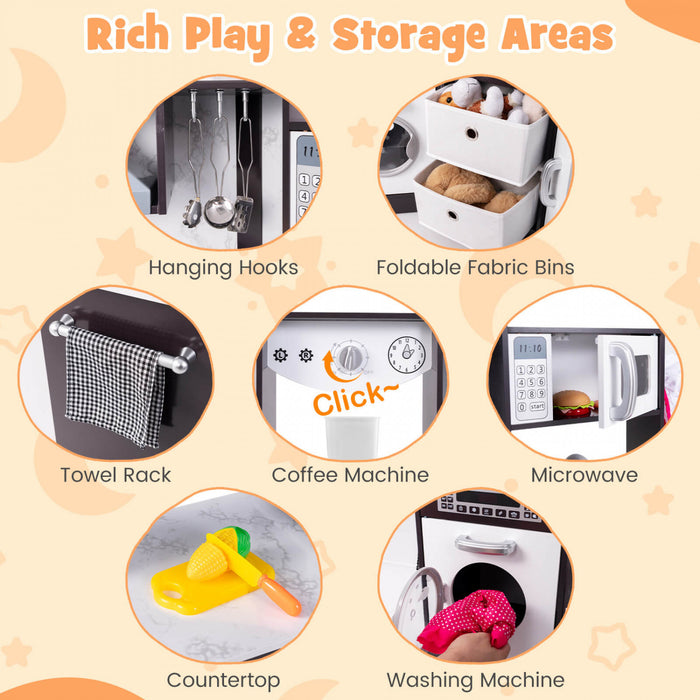 Costway Wooden Kids Play Corner Kitchen With Realistic Lights & Sounds Lighted Range Hood Brown