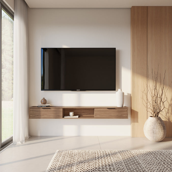 Nordika Slim 72\" Wall-Mounted TV Stand with 2 Storage Cabinets - Light Walnut