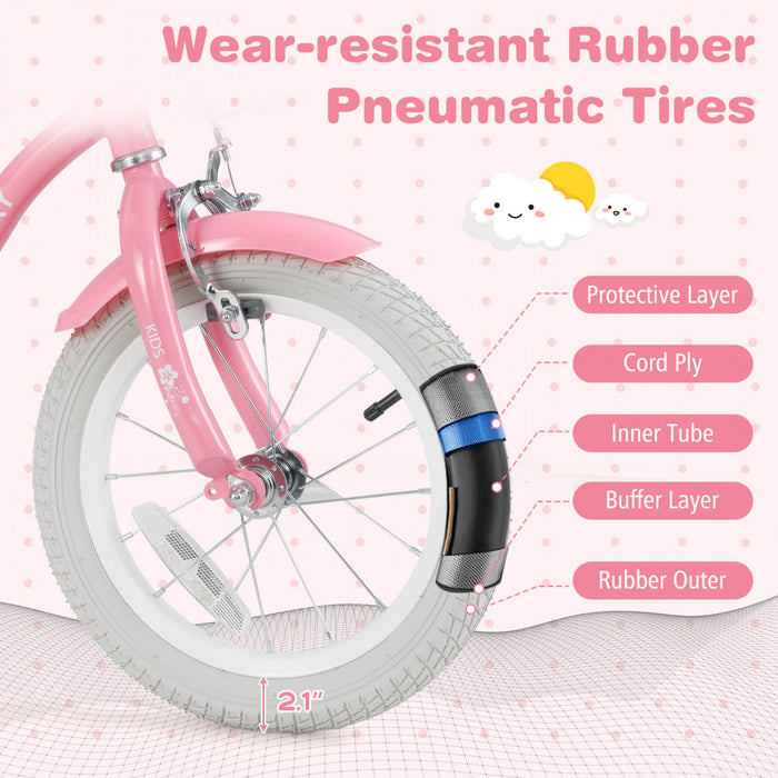 Costway 14\" Kid's Bike With Removable Training Wheels & Basket For 3-5 Years Old Pink