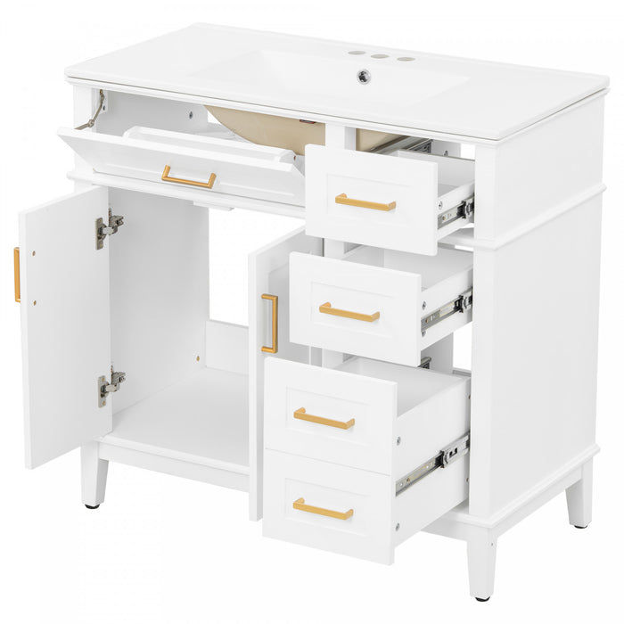 Ethan Solid Wood Bathroom Vanity with Ceramic Sink and Smart Storage, White